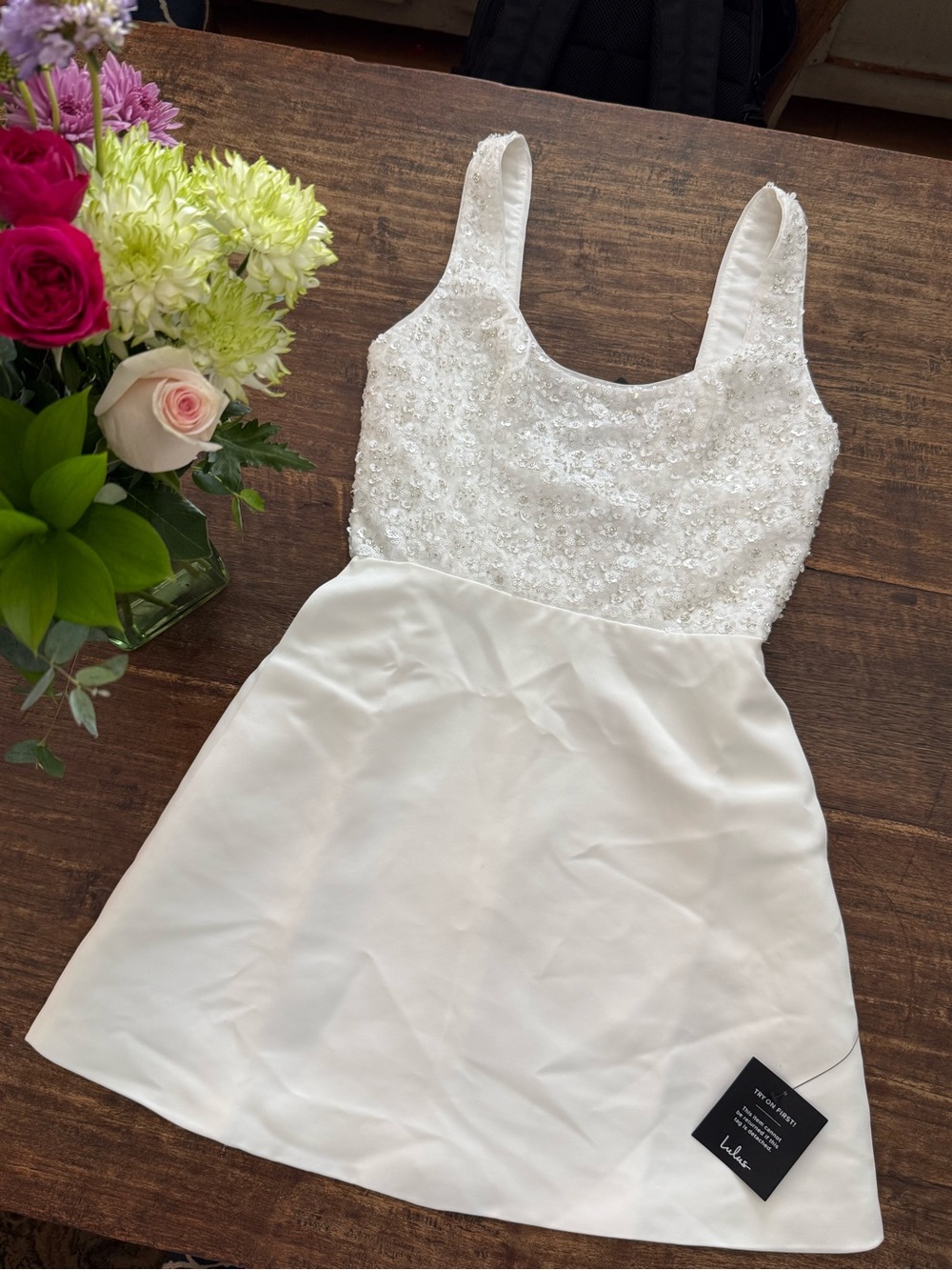 Lulu's White Sequin-Embellished Satin Dress